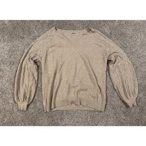 Womens Oatmeal Cream Puffy Sleeve V Neck Sweater